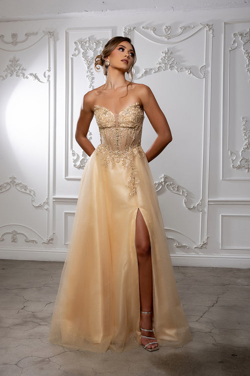 Strapless A-Line Corset Lace Appliqué Prom Dress with Slit Formal Evening Gown by May Queen MQ2222