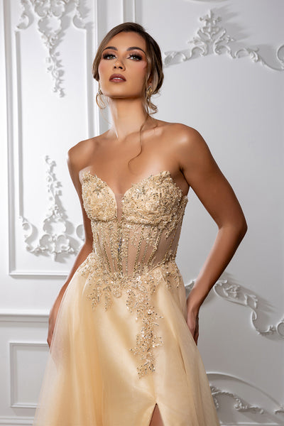 Strapless A-Line Corset Lace Appliqué Prom Dress with Slit Formal Evening Gown by May Queen MQ2222