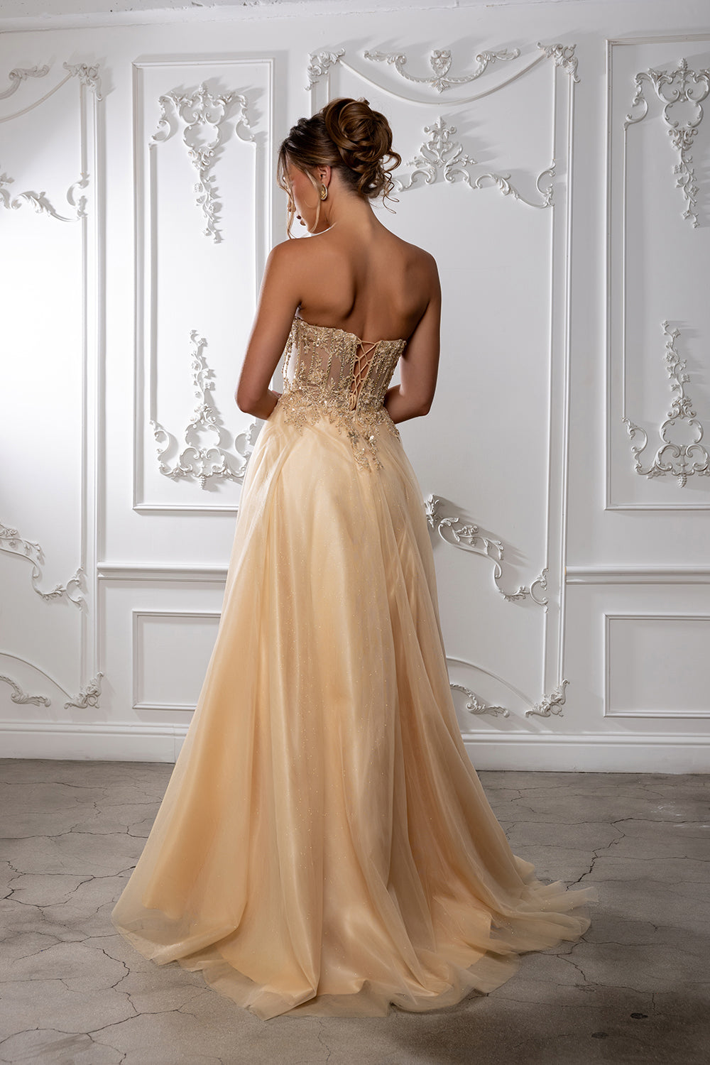 Strapless A-Line Corset Lace Appliqué Prom Dress with Slit Formal Evening Gown by May Queen MQ2222