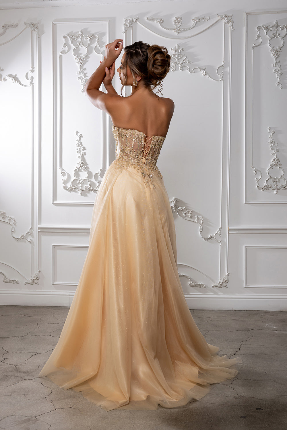 Strapless A-Line Corset Lace Appliqué Prom Dress with Slit Formal Evening Gown by May Queen MQ2222