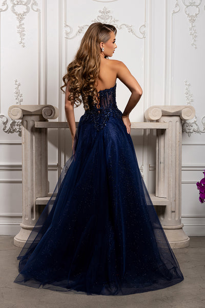 Strapless A-Line Corset Lace Appliqué Prom Dress with Slit Formal Evening Gown by May Queen MQ2222