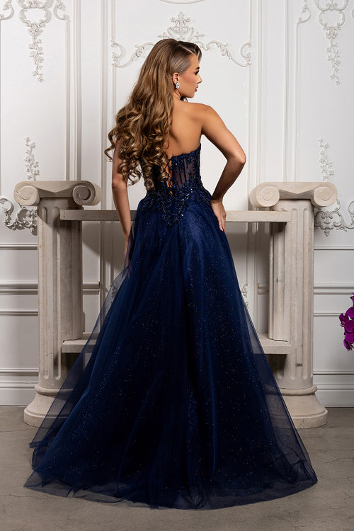 Strapless A-Line Corset Lace Appliqué Prom Dress with Slit Formal Evening Gown by May Queen MQ2222