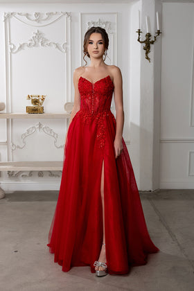 Strapless A-Line Corset Lace Appliqué Prom Dress with Slit Formal Evening Gown by May Queen MQ2222