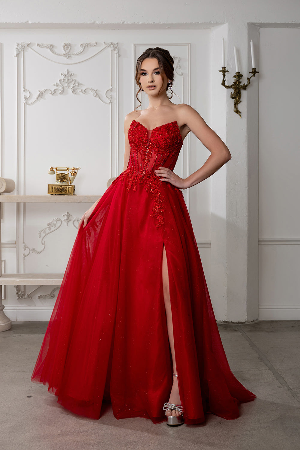 Strapless A-Line Corset Lace Appliqué Prom Dress with Slit Formal Evening Gown by May Queen MQ2222