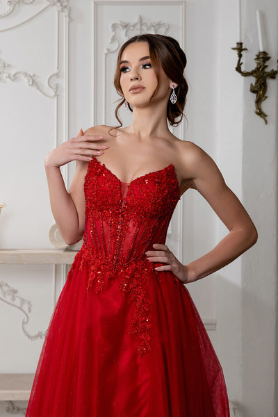 Strapless A-Line Corset Lace Appliqué Prom Dress with Slit Formal Evening Gown by May Queen MQ2222