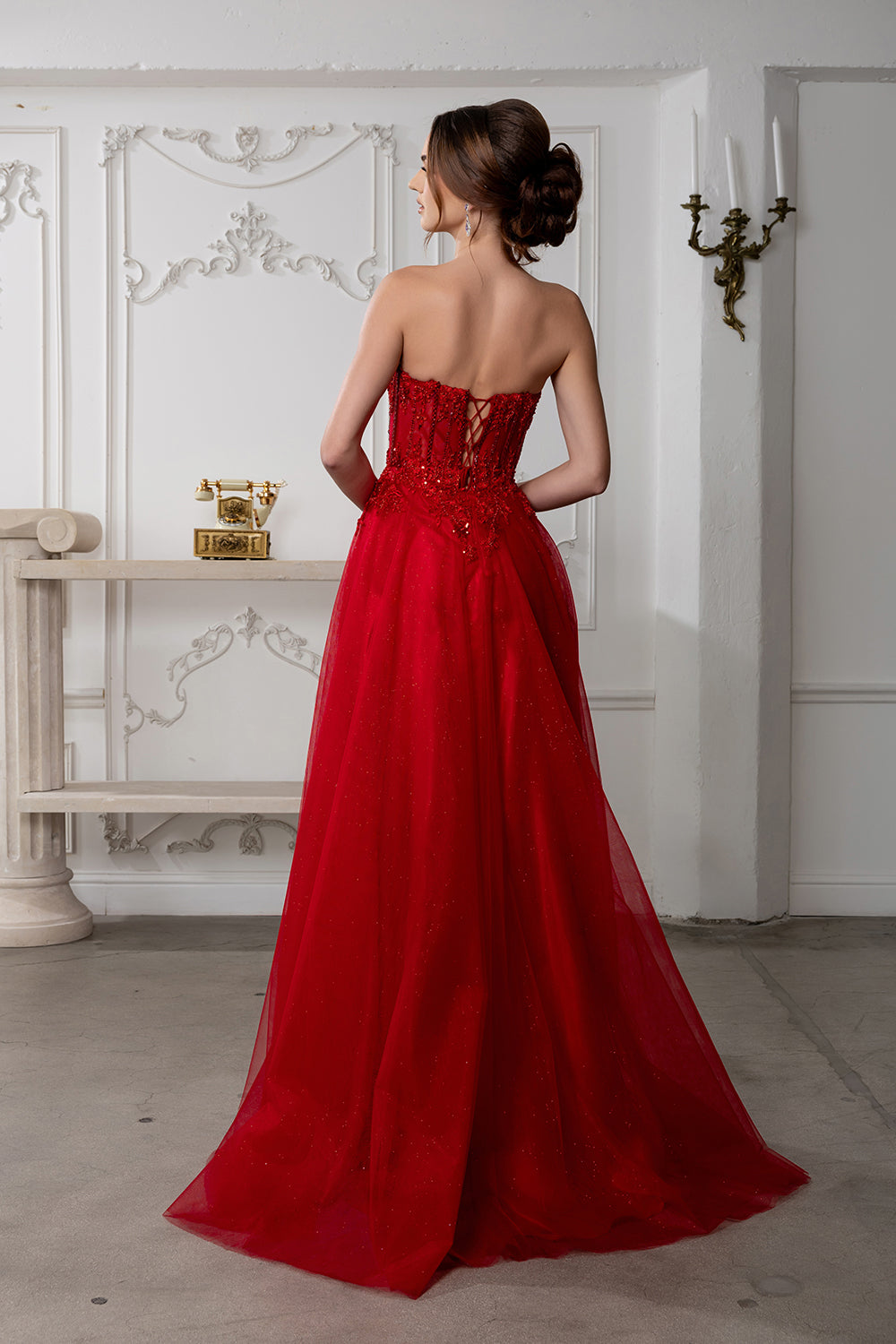 Strapless A-Line Corset Lace Appliqué Prom Dress with Slit Formal Evening Gown by May Queen MQ2222