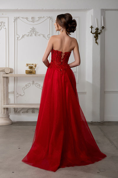 Strapless A-Line Corset Lace Appliqué Prom Dress with Slit Formal Evening Gown by May Queen MQ2222