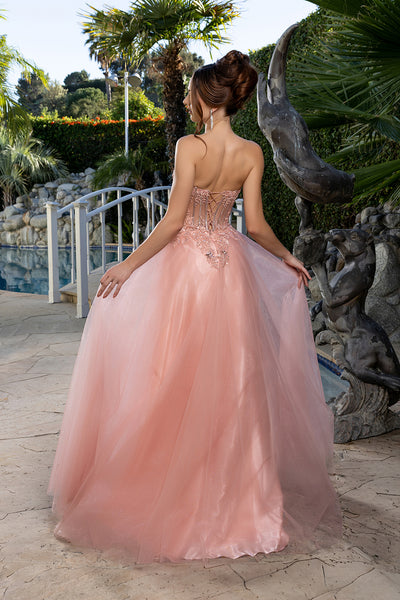 Strapless A-Line Corset Lace Appliqué Prom Dress with Slit Formal Evening Gown by May Queen MQ2222