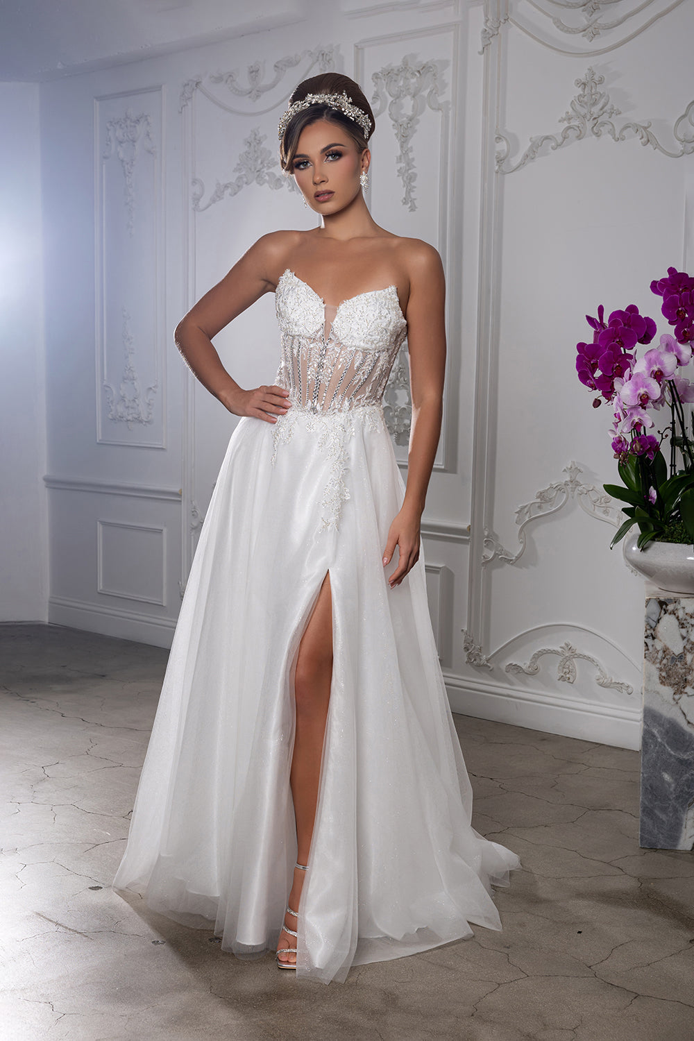 Elegant Strapless A-Line Wedding Dress with Sheer Corset Bodice Bridal Gown by May Queen MQ2222