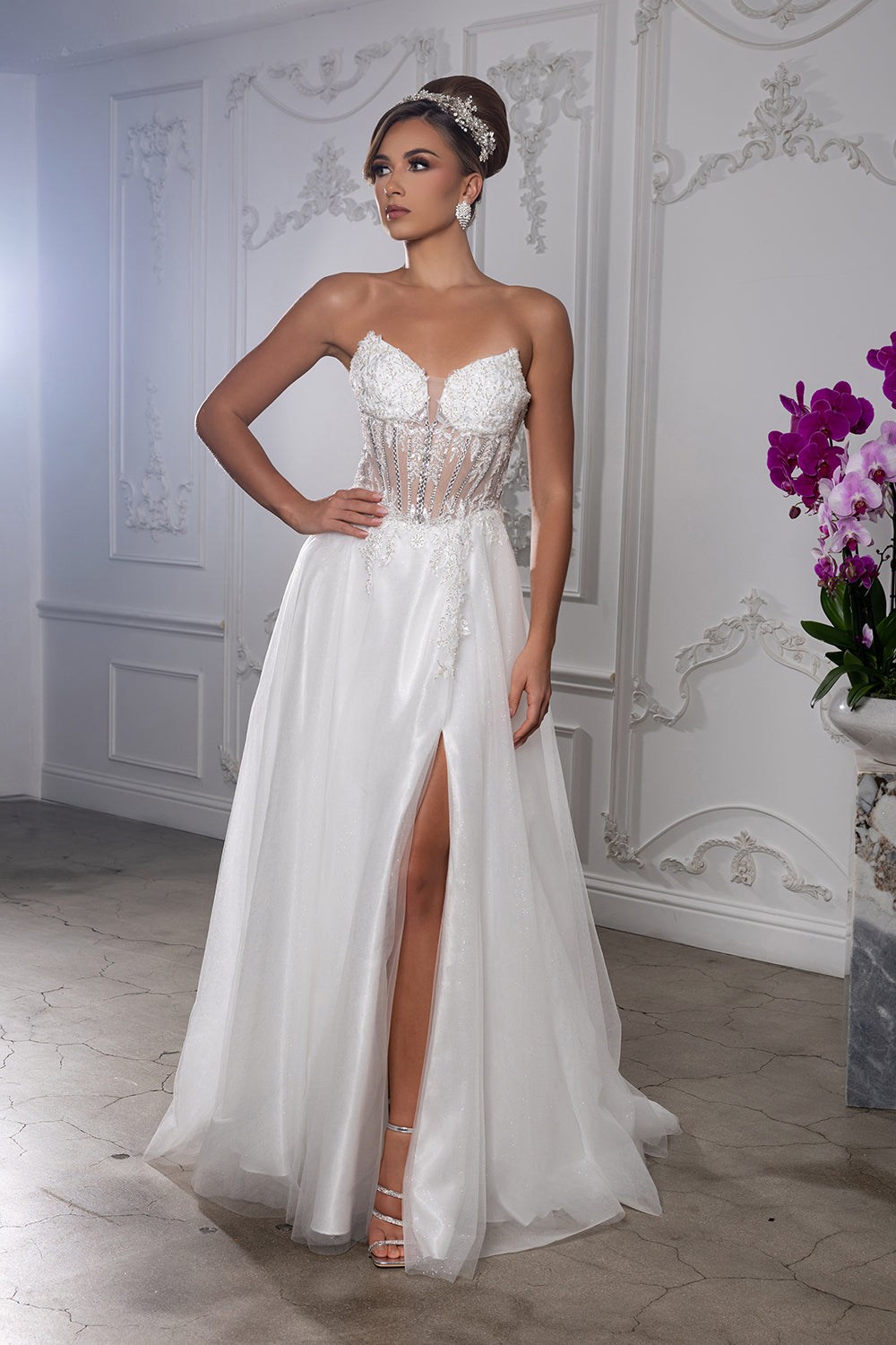 Elegant Strapless A-Line Wedding Dress with Sheer Corset Bodice Bridal Gown by May Queen MQ2222
