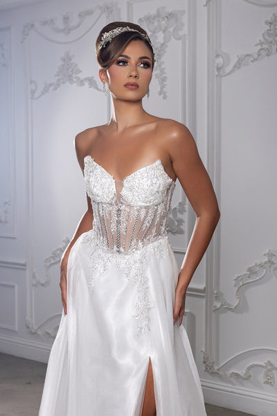 Elegant Strapless A-Line Wedding Dress with Sheer Corset Bodice Bridal Gown by May Queen MQ2222