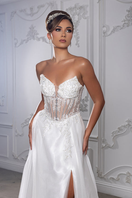 Elegant Strapless A-Line Wedding Dress with Sheer Corset Bodice Bridal Gown by May Queen MQ2222