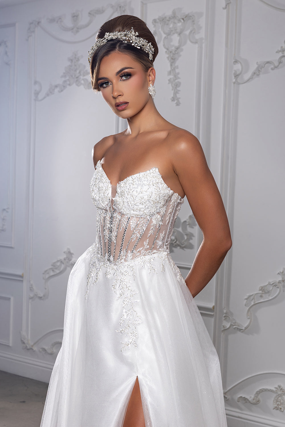 Elegant Strapless A-Line Wedding Dress with Sheer Corset Bodice Bridal Gown by May Queen MQ2222