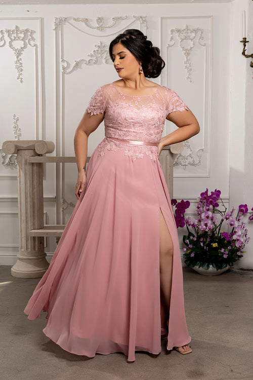 Elegant A-Line Lace Bodice Chiffon Long Evening Gown with Short Sleeves Dress by May Queen MQ2223