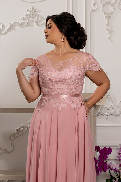 Elegant A-Line Lace Bodice Chiffon Long Evening Gown with Short Sleeves Dress by May Queen MQ2223
