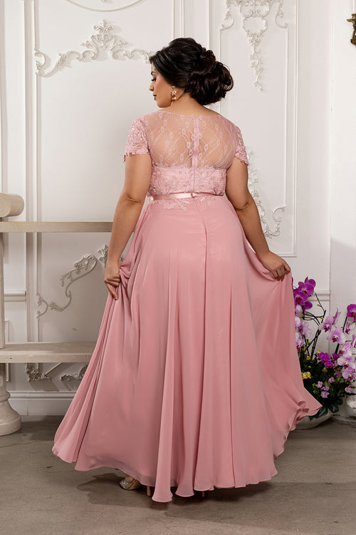 Elegant A-Line Lace Bodice Chiffon Long Evening Gown with Short Sleeves Dress by May Queen MQ2223