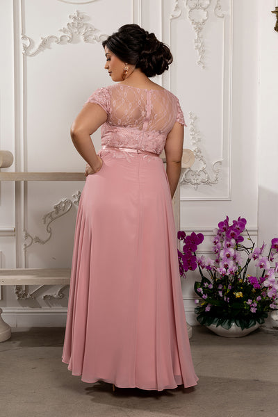 Elegant A-Line Lace Bodice Chiffon Long Evening Gown with Short Sleeves Dress by May Queen MQ2223