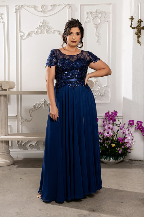 Elegant A-Line Lace Bodice Chiffon Long Evening Gown with Short Sleeves Dress by May Queen MQ2223
