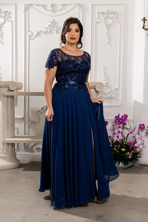 Elegant A-Line Lace Bodice Chiffon Long Evening Gown with Short Sleeves Dress by May Queen MQ2223