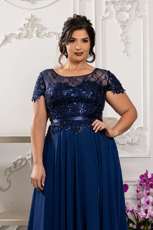 Elegant A-Line Lace Bodice Chiffon Long Evening Gown with Short Sleeves Dress by May Queen MQ2223