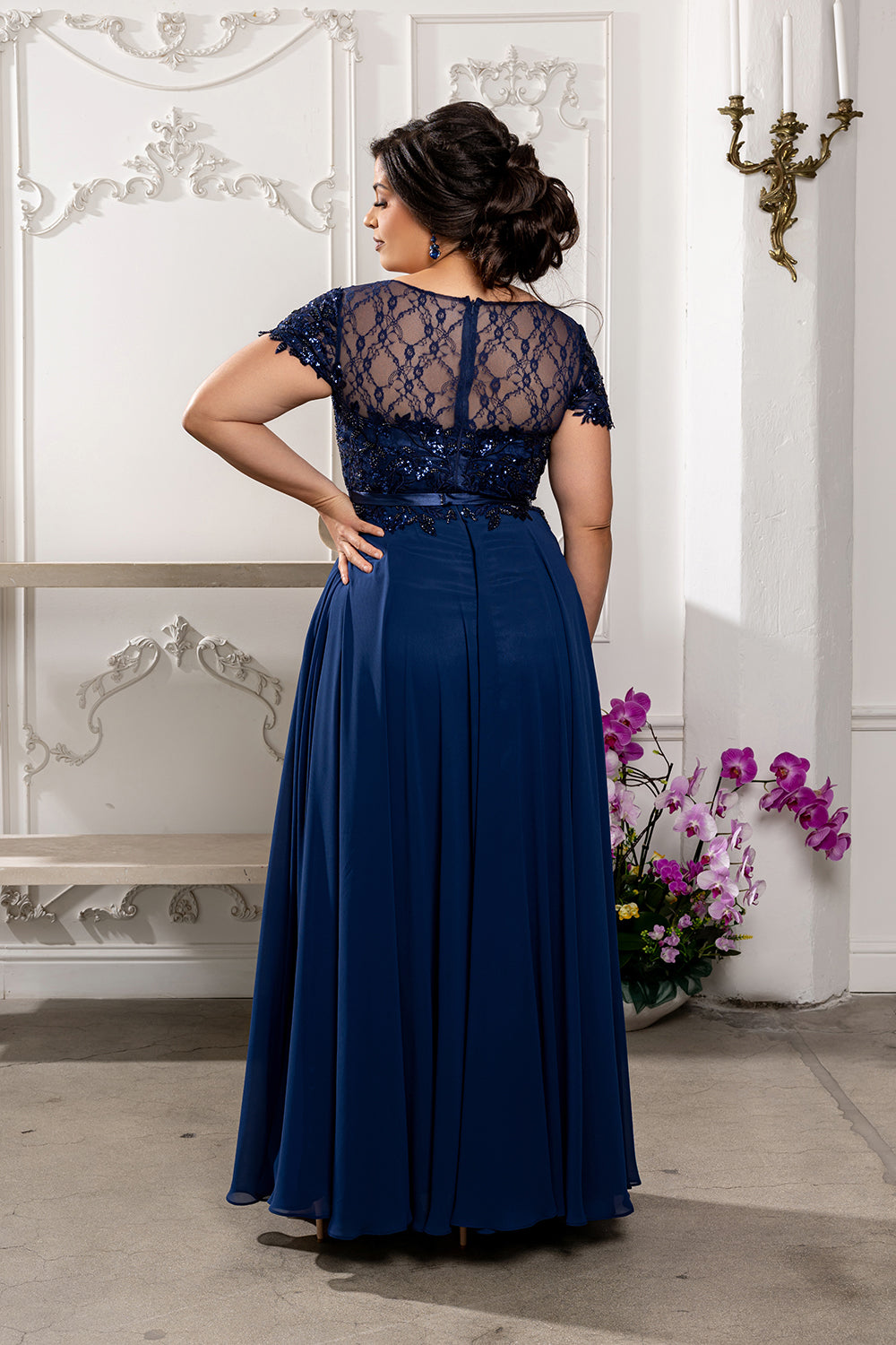 Elegant A-Line Lace Bodice Chiffon Long Evening Gown with Short Sleeves Dress by May Queen MQ2223