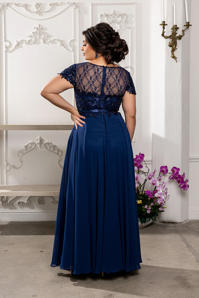 Elegant A-Line Lace Bodice Chiffon Long Evening Gown with Short Sleeves Dress by May Queen MQ2223