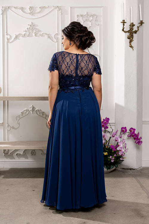 Elegant A-Line Lace Bodice Chiffon Long Evening Gown with Short Sleeves Dress by May Queen MQ2223