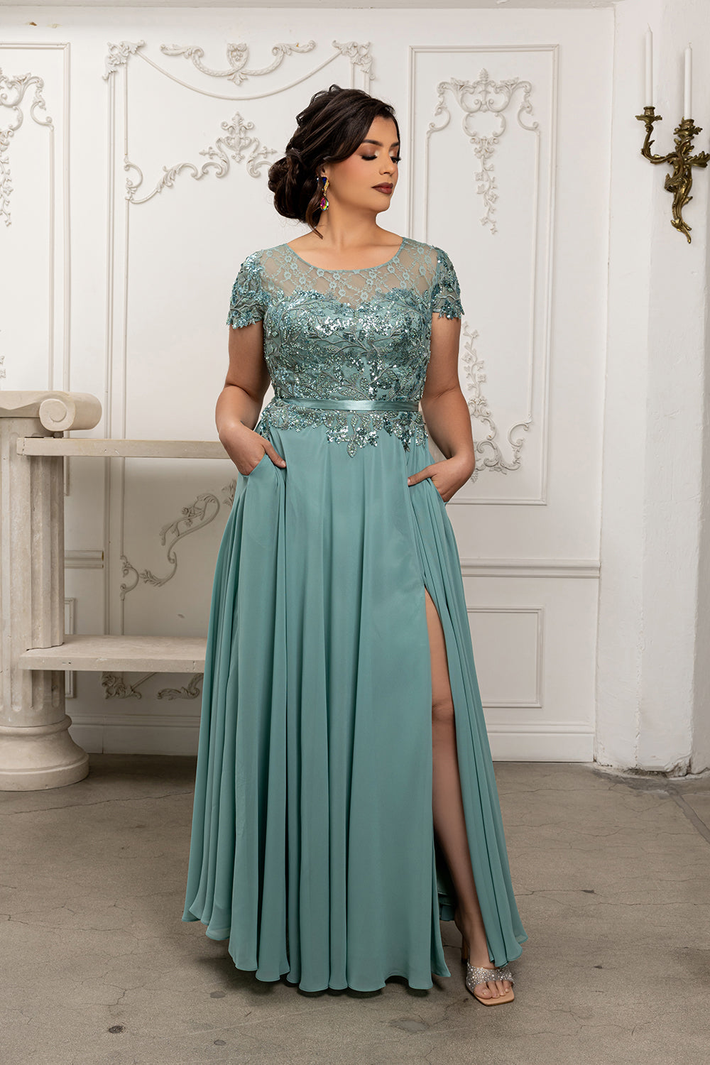 Elegant A-Line Lace Bodice Chiffon Long Evening Gown with Short Sleeves Dress by May Queen MQ2223