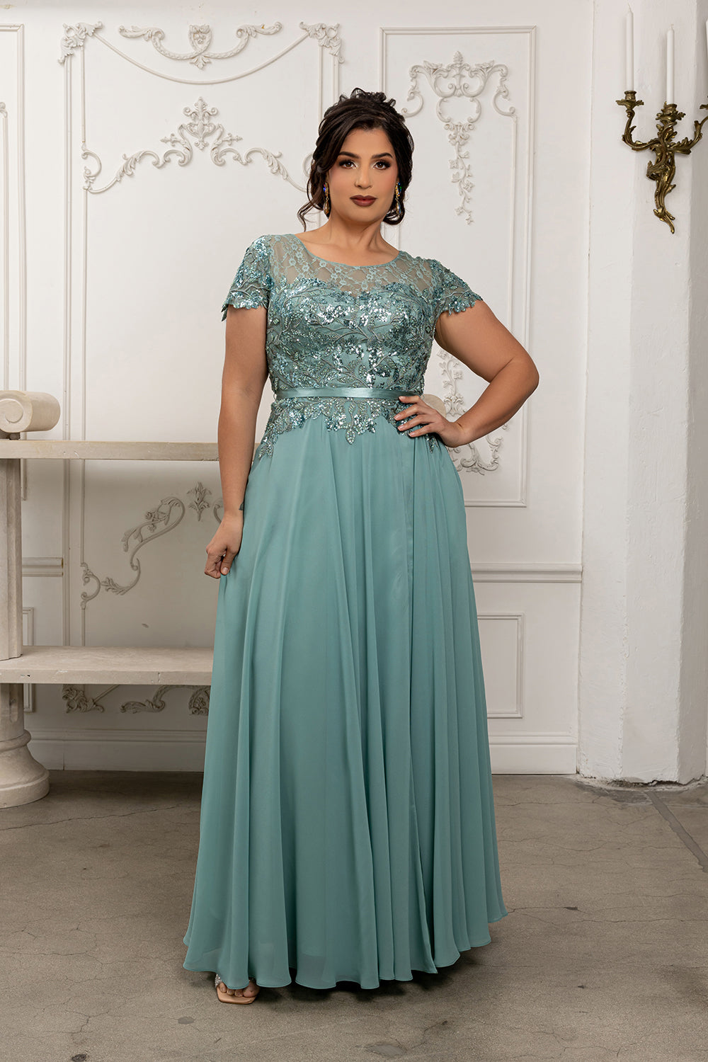 Elegant A-Line Lace Bodice Chiffon Long Evening Gown with Short Sleeves Dress by May Queen MQ2223
