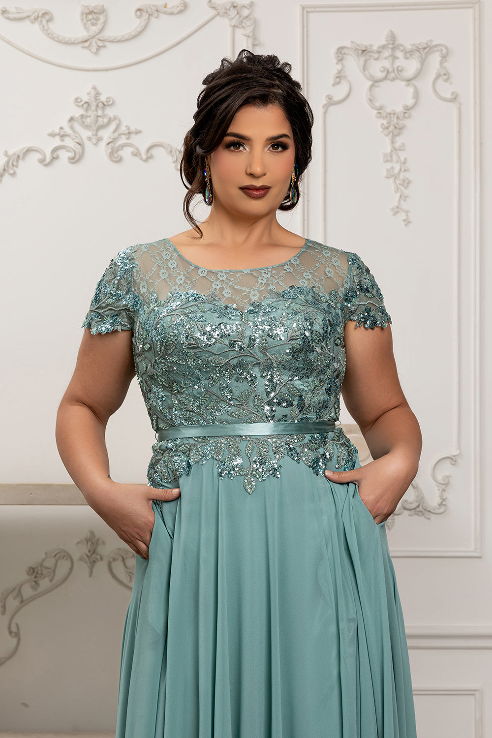 Elegant A-Line Lace Bodice Chiffon Long Evening Gown with Short Sleeves Dress by May Queen MQ2223