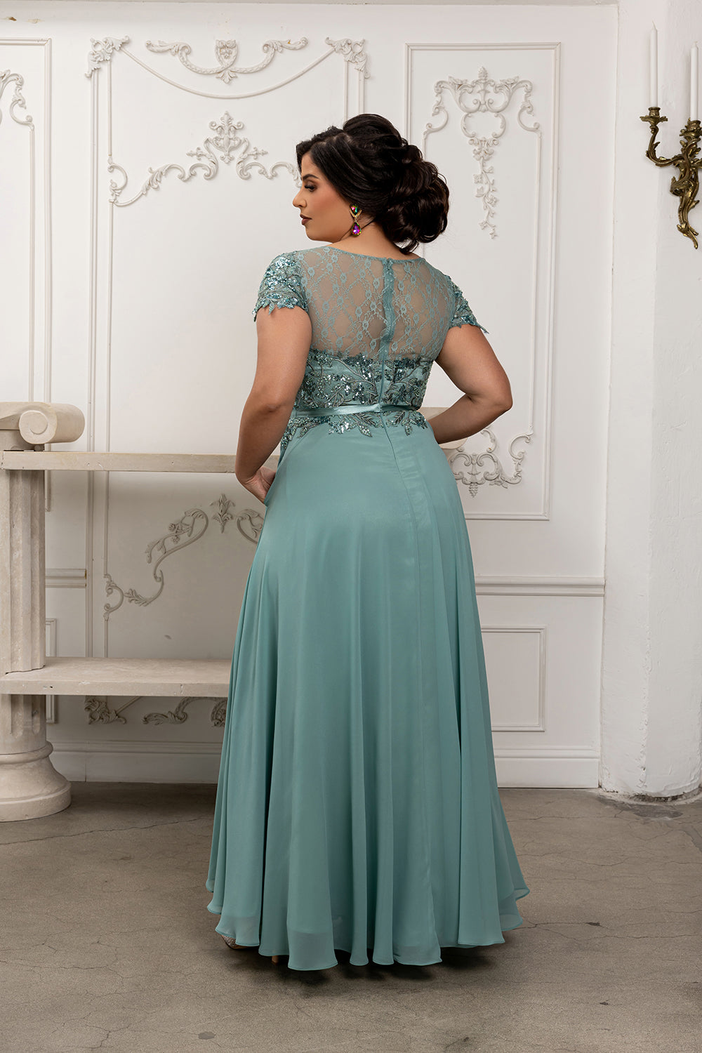 Elegant A-Line Lace Bodice Chiffon Long Evening Gown with Short Sleeves Dress by May Queen MQ2223