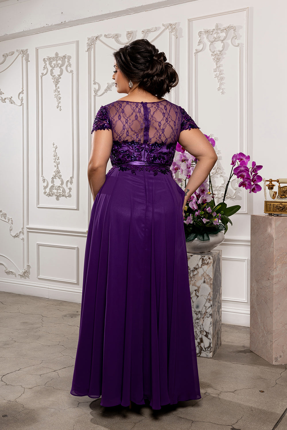 Elegant A-Line Lace Bodice Chiffon Long Evening Gown with Short Sleeves Dress by May Queen MQ2223