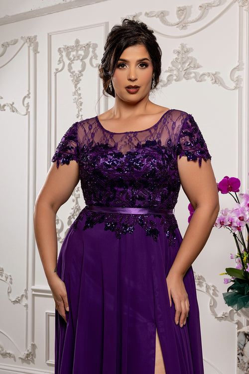 Elegant A-Line Lace Bodice Chiffon Long Evening Gown with Short Sleeves Dress by May Queen MQ2223