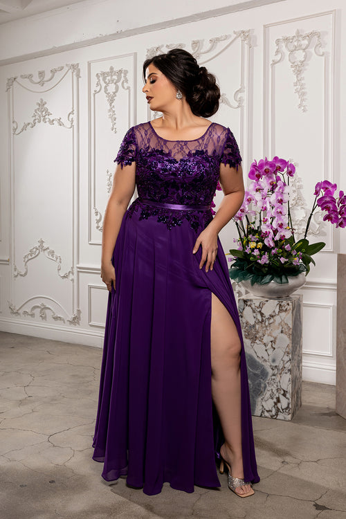 Elegant A-Line Lace Bodice Chiffon Long Evening Gown with Short Sleeves Dress by May Queen MQ2223