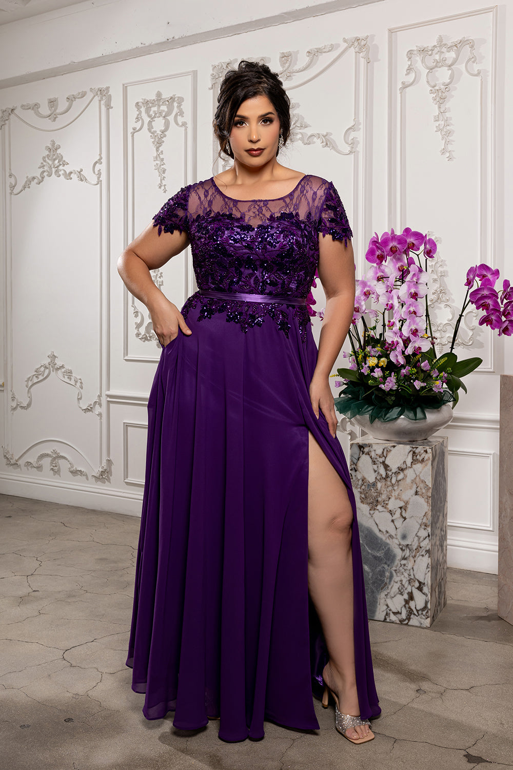 Elegant A-Line Lace Bodice Chiffon Long Evening Gown with Short Sleeves Dress by May Queen MQ2223