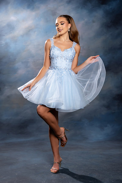 Sleeveless Lace Appliqué Short Tulle Cocktail Dress with Corset Back Dress by May Queen MQ2225