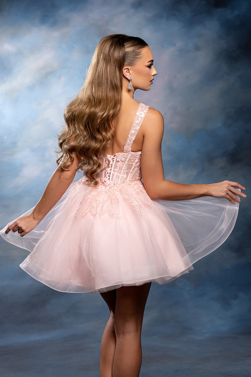 Sleeveless Lace Appliqué Short Tulle Cocktail Dress with Corset Back Dress by May Queen MQ2225