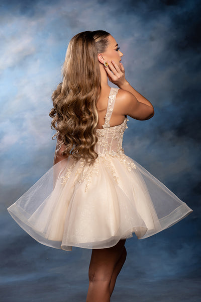Sleeveless Lace Appliqué Short Tulle Cocktail Dress with Corset Back Dress by May Queen MQ2225