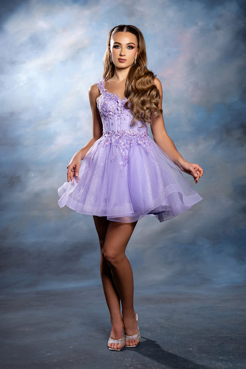 Sleeveless Lace Appliqué Short Tulle Cocktail Dress with Corset Back Dress by May Queen MQ2225