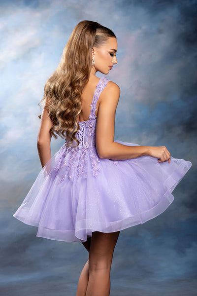 Sleeveless Lace Appliqué Short Tulle Cocktail Dress with Corset Back Dress by May Queen MQ2225