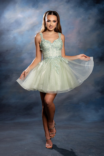 Sleeveless Lace Appliqué Short Tulle Cocktail Dress with Corset Back Dress by May Queen MQ2225