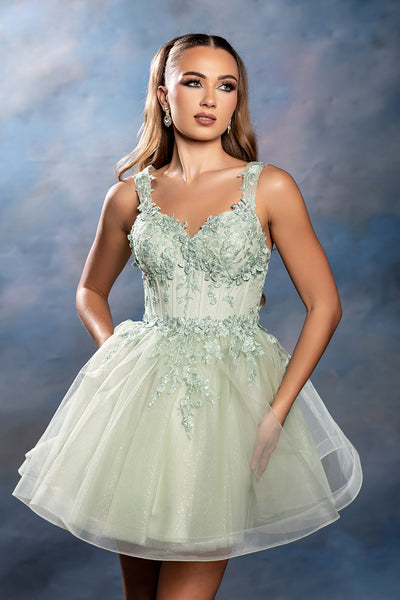 Sleeveless Lace Appliqué Short Tulle Cocktail Dress with Corset Back Dress by May Queen MQ2225