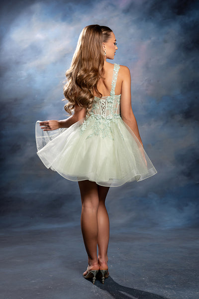 Sleeveless Lace Appliqué Short Tulle Cocktail Dress with Corset Back Dress by May Queen MQ2225