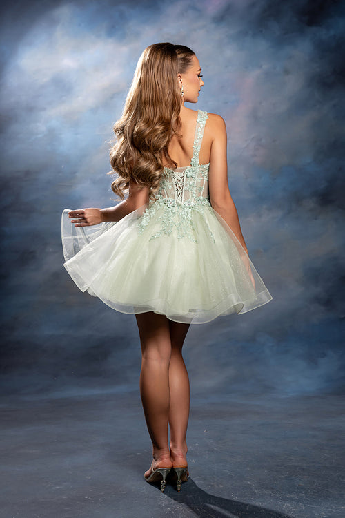 Sleeveless Lace Appliqué Short Tulle Cocktail Dress with Corset Back Dress by May Queen MQ2225