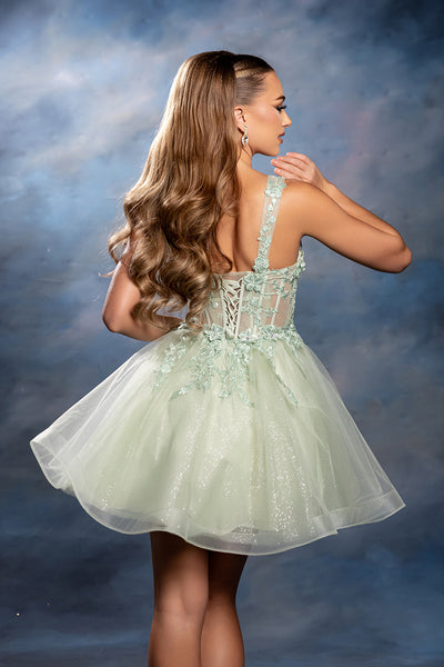 Sleeveless Lace Appliqué Short Tulle Cocktail Dress with Corset Back Dress by May Queen MQ2225