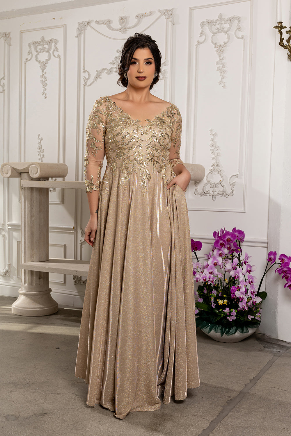 Sequin Floral A-Line Gown with Illusion 3/4 Sleeves Metallic Glitter Dress by May Queen MQ2226