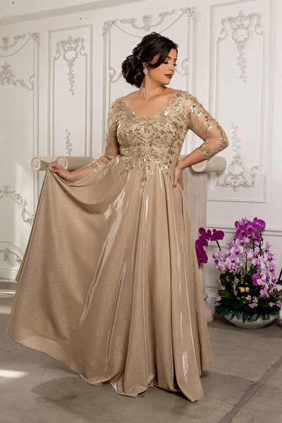 Sequin Floral A-Line Gown with Illusion 3/4 Sleeves Metallic Glitter Dress by May Queen MQ2226