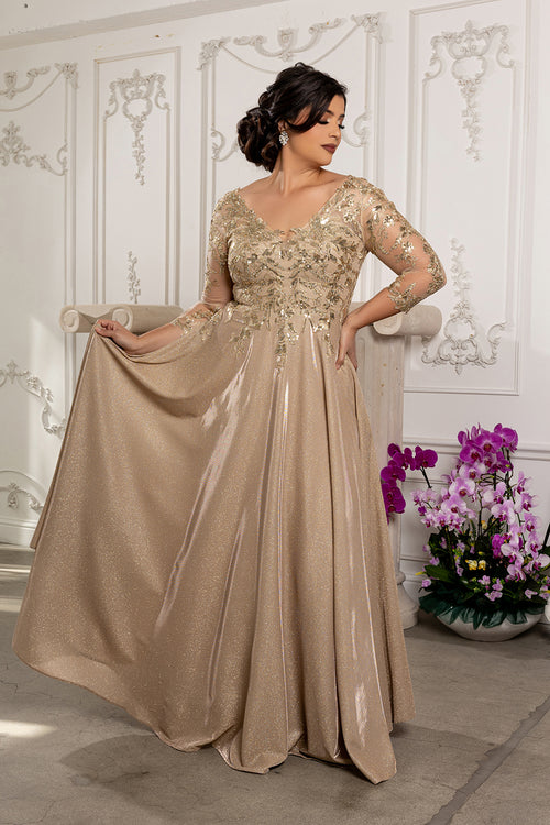 Sequin Floral A-Line Gown with Illusion 3/4 Sleeves Metallic Glitter Dress by May Queen MQ2226
