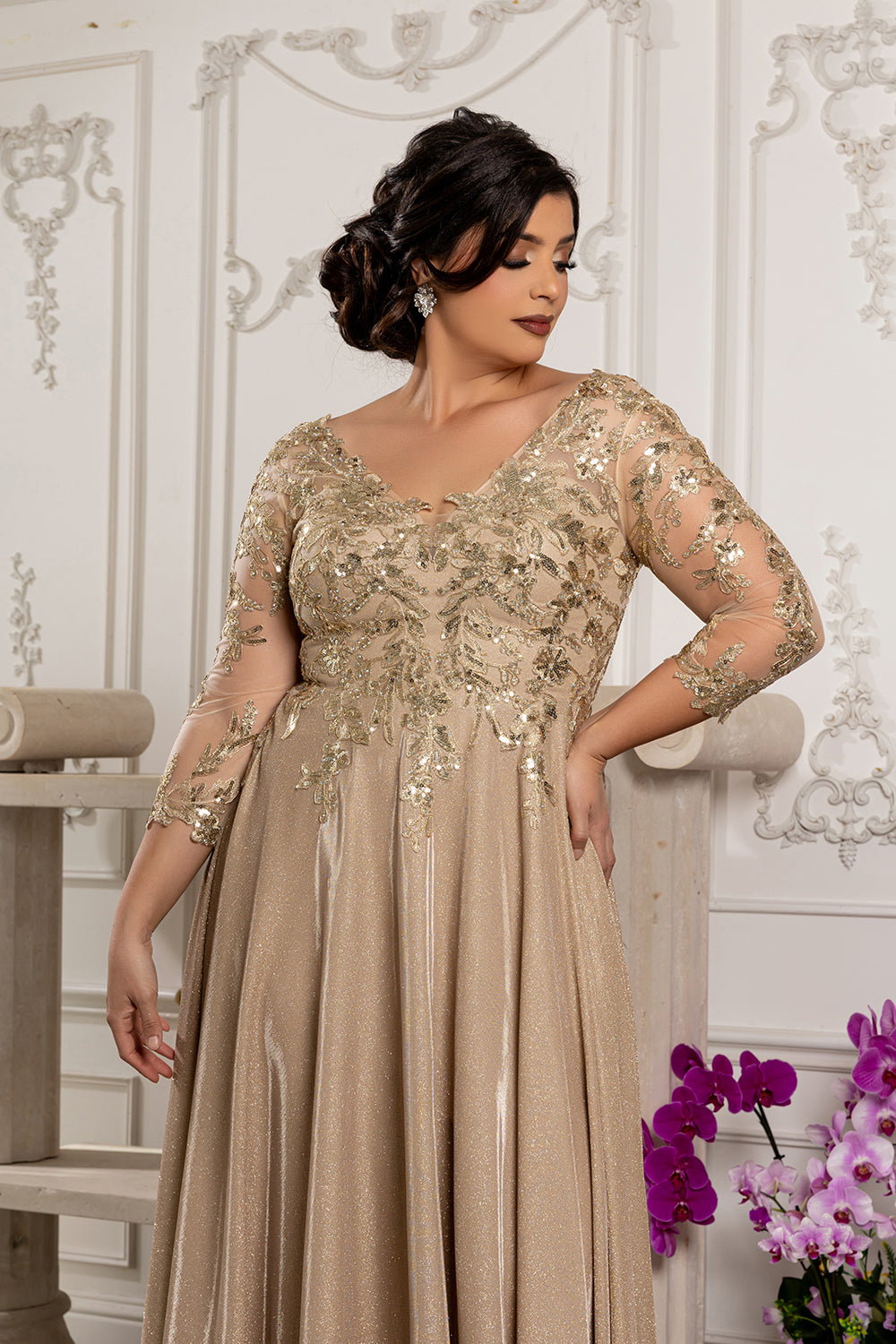 Sequin Floral A-Line Gown with Illusion 3/4 Sleeves Metallic Glitter Dress by May Queen MQ2226