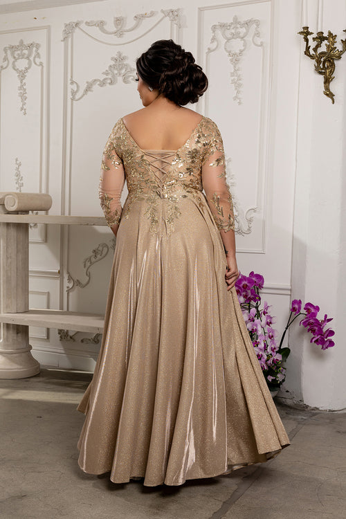 Sequin Floral A-Line Gown with Illusion 3/4 Sleeves Metallic Glitter Dress by May Queen MQ2226